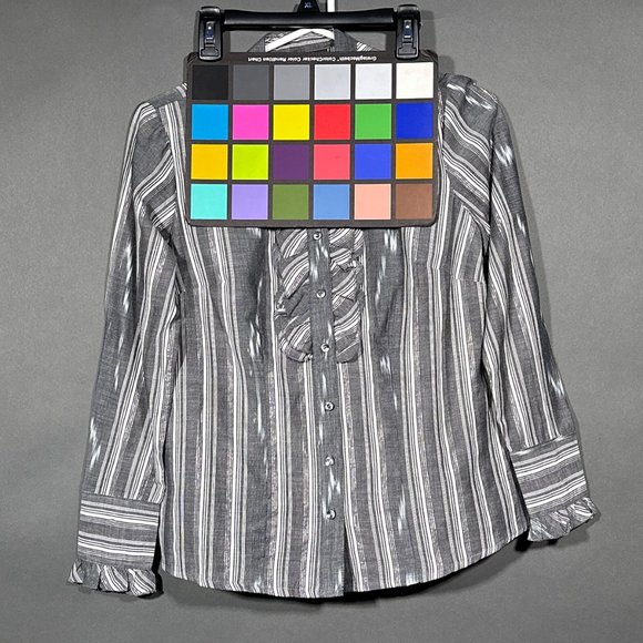 Style & Co Petite Gray Button Down Ruffle Bling Metallic Thread Stripes Size 4P - Picture 10 of 16